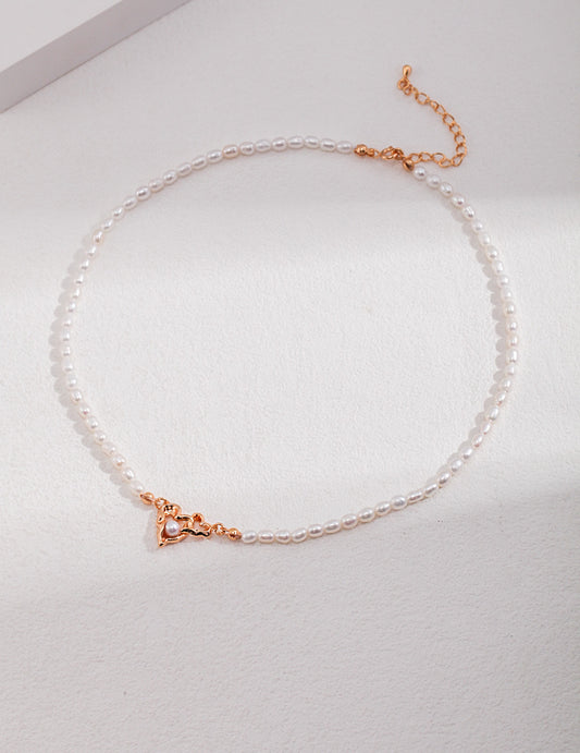 DOUBLE HEART SMALL RICE PEARL NECKLACE