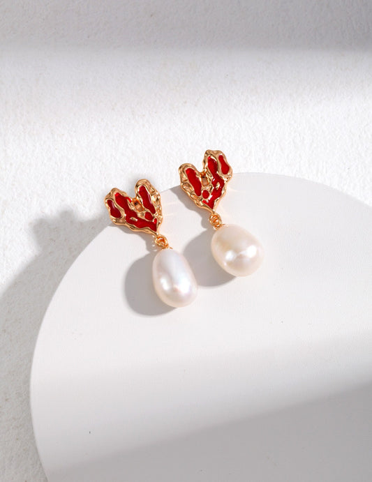 LOVE | RED ENAMEL HEART AND PEARL EARRING